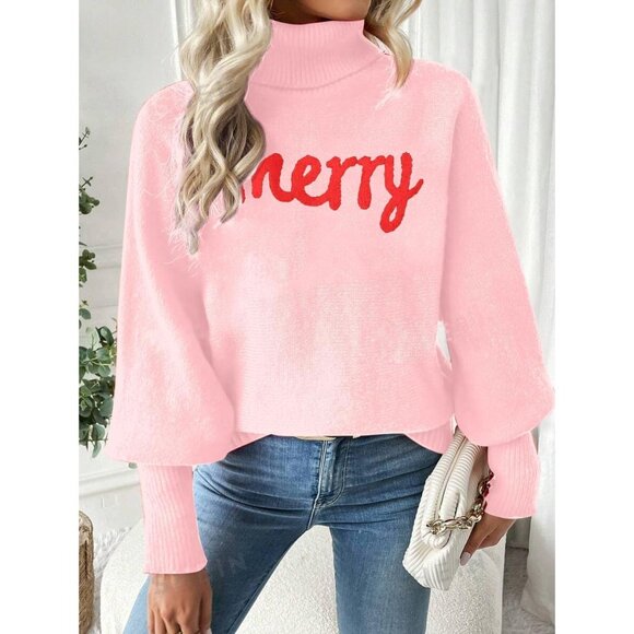Oversized Christmas Pink Sweater Women 2025 Merry Turtleneck Batwing Sleeve - Picture 6 of 6